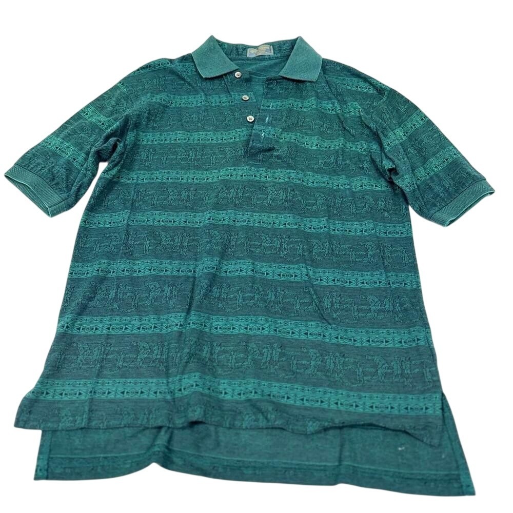 Vintage Descente Polo Shirt Made In Japan Teal Pattern Knit Size S